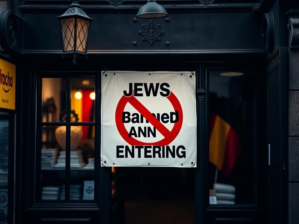 Flick International Somber storefront in Flensburg with a sign stating 'Jews are banned from entering', symbolizing rising antisemitism in Germany