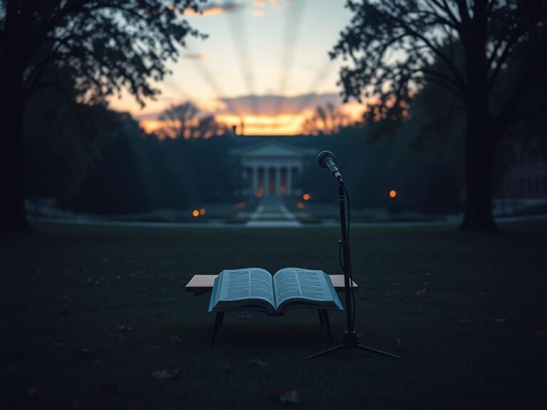 Flick International Serene college campus at dusk with a desk and microphone symbolizing activism