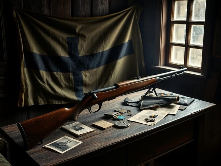 Flick International Vintage Mauser Model 98 rifle displayed on an aged wooden table