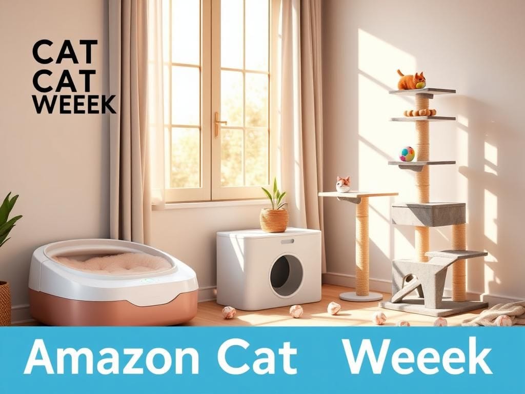 Flick International Cozy indoor scene with cat essentials including a plush bed, automatic litter box, and luxurious cat tree