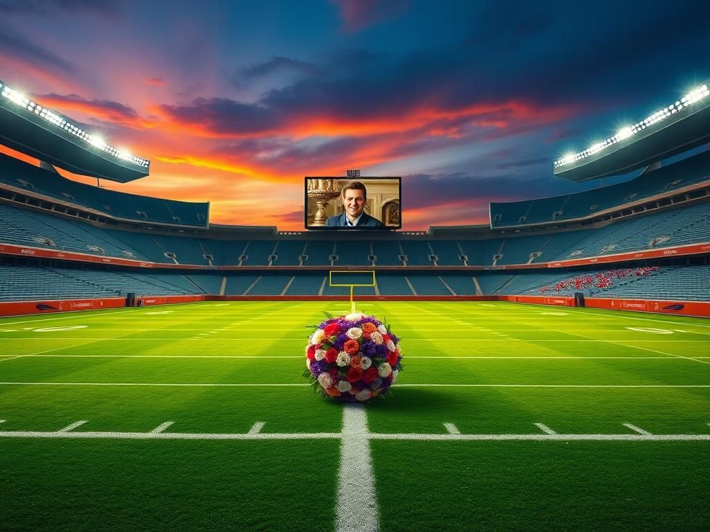 Flick International A serene view of an empty NFL stadium with a tribute to Charlie Kirk on the videoboard