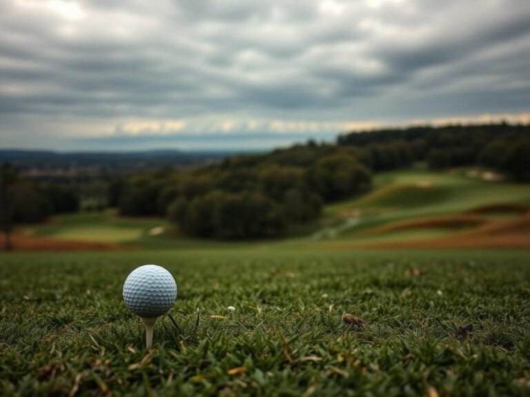 Flick International Dramatic landscape of Bethpage Black golf course with a golf ball on a tee