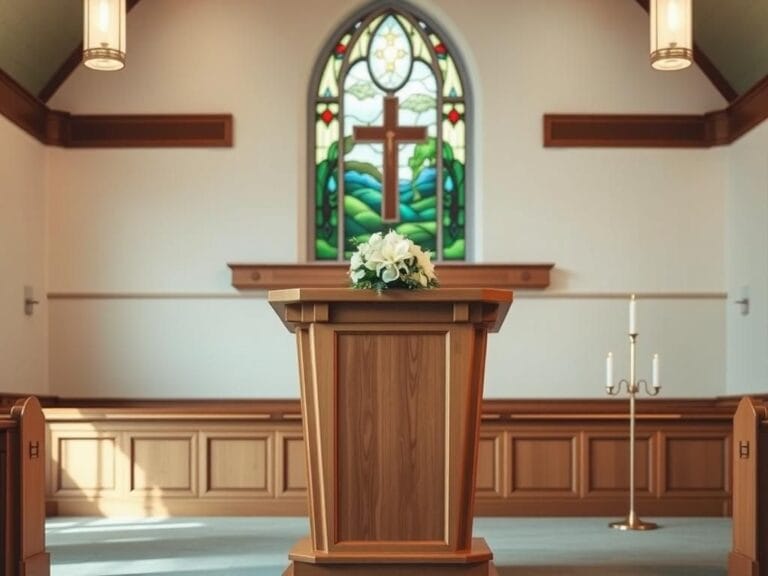 Flick International Serene church sanctuary prepared for Pastor Rob McCoy's memorial service with floral arrangements