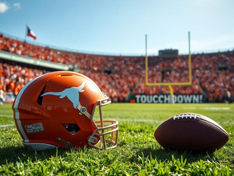Flick International Texas Longhorns football helmet on grass with cheering fans in the background