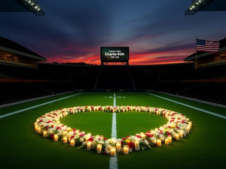 Flick International A solemn memorial scene with flowers and candles in a heart shape for Charlie Kirk