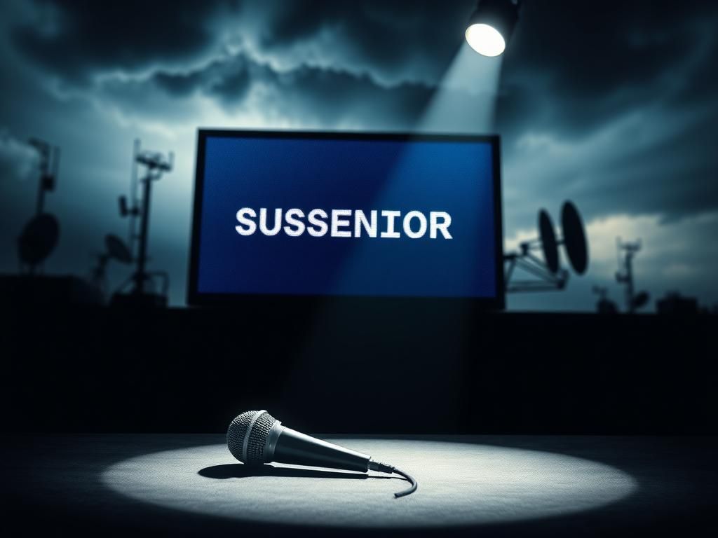 Flick International A large television screen displaying static with a silent microphone in a dimly lit comedy club, symbolizing the censorship of late-night talk shows.