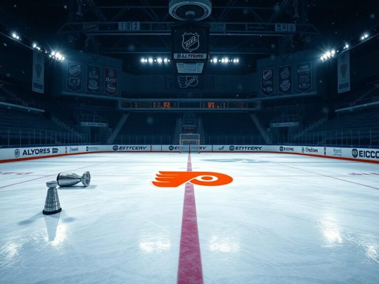 Flick International A serene, wintery hockey rink at night with soft glowing lights and empty stands adorned with Flyers memorabilia.