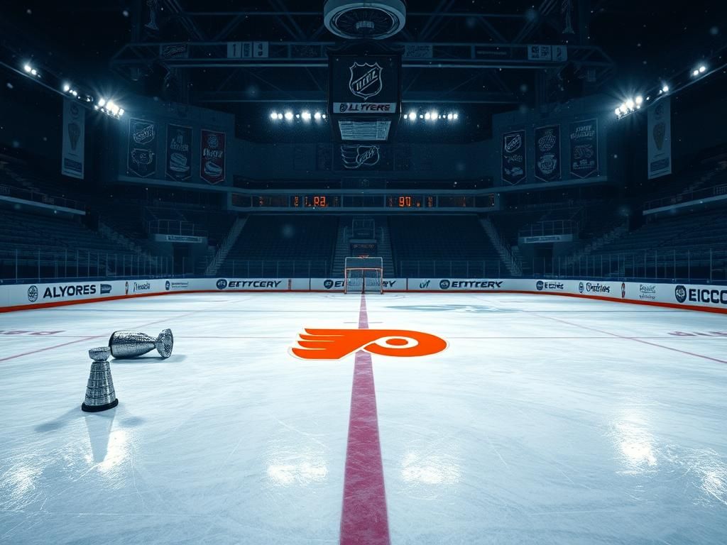 Flick International A serene, wintery hockey rink at night with soft glowing lights and empty stands adorned with Flyers memorabilia.
