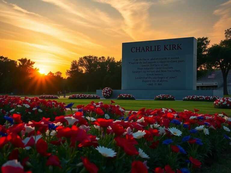 Flick International Serene outdoor memorial garden illuminated by sunset, featuring patriotic flowers