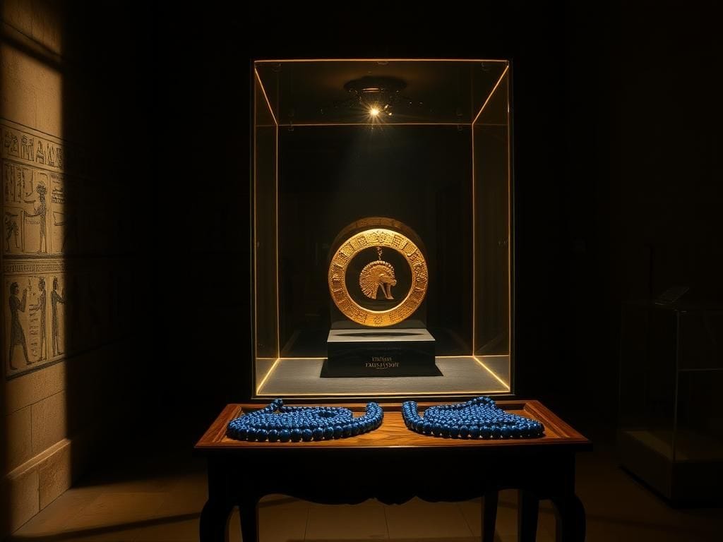 Flick International Ancient Egyptian museum interior featuring Pharaoh Amenemope's gold bracelet displayed behind a glass case