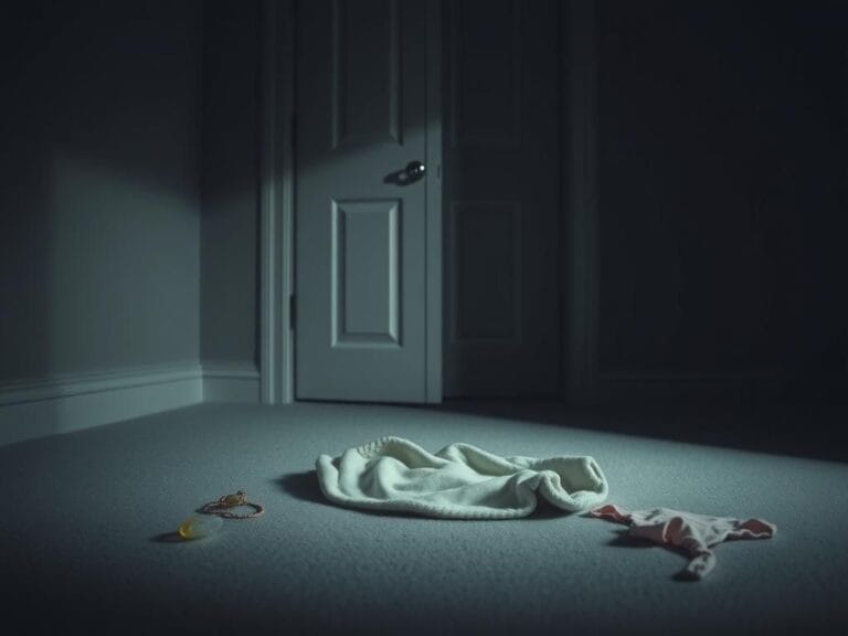 Flick International Dimly lit room with a small baby blanket and scattered baby items hinting at a tragic story