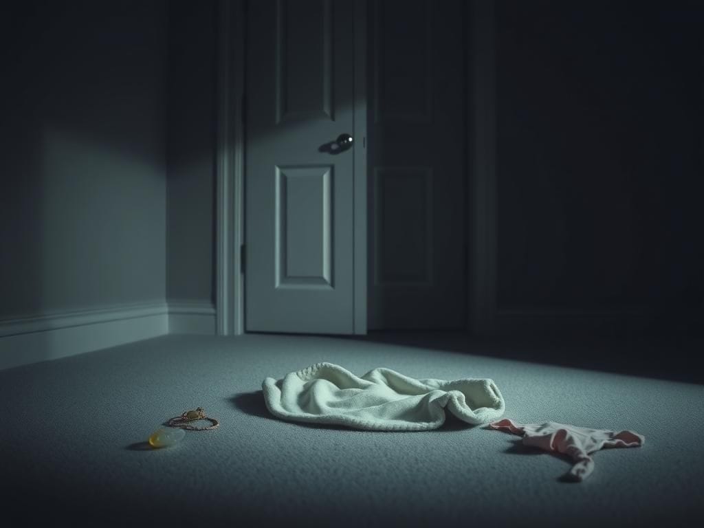 Flick International Dimly lit room with a small baby blanket and scattered baby items hinting at a tragic story