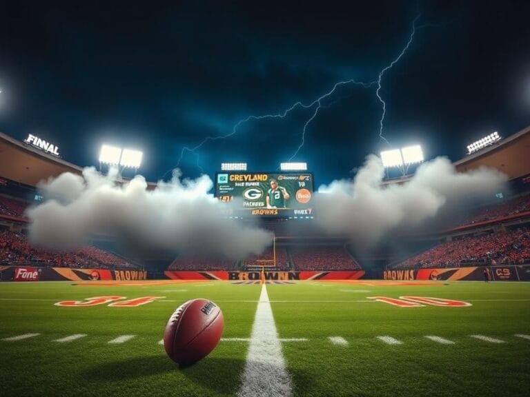 Flick International Football field with Cleveland Browns logo and final score after victorious game