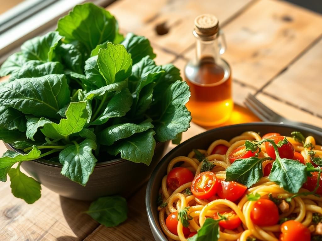 Flick International Close-up of fresh leafy greens alongside a colorful dish of pasta