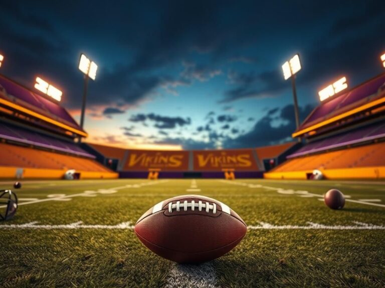Flick International A dramatic NFL field scene showcasing the Minnesota Vikings colors with a football on the 50-yard line.