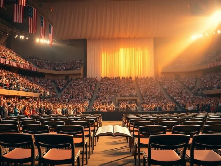 Flick International A vast stadium filled with colorful banners and unoccupied chairs adorned with Christian symbols, representing a gathering of worship and remembrance for Charlie Kirk.
