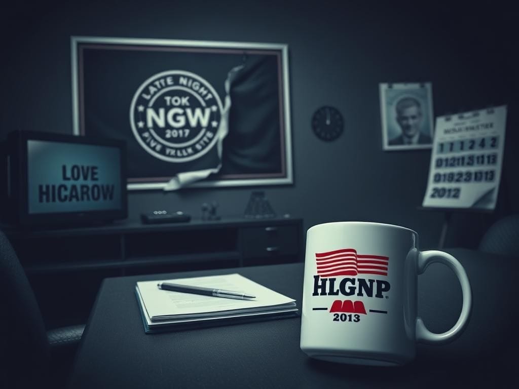 Flick International somber office environment with Jimmy Kimmel Live! paraphernalia and a darkened television set