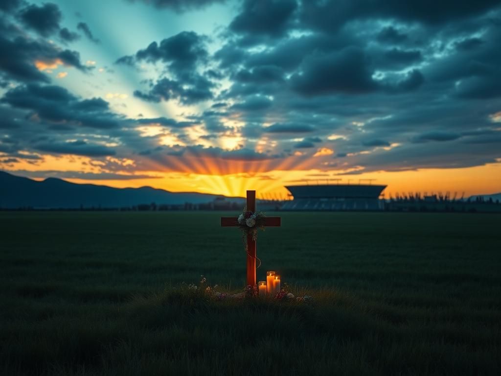Flick International Memorial scene with a wooden cross surrounded by flowers and candles in an open field during twilight