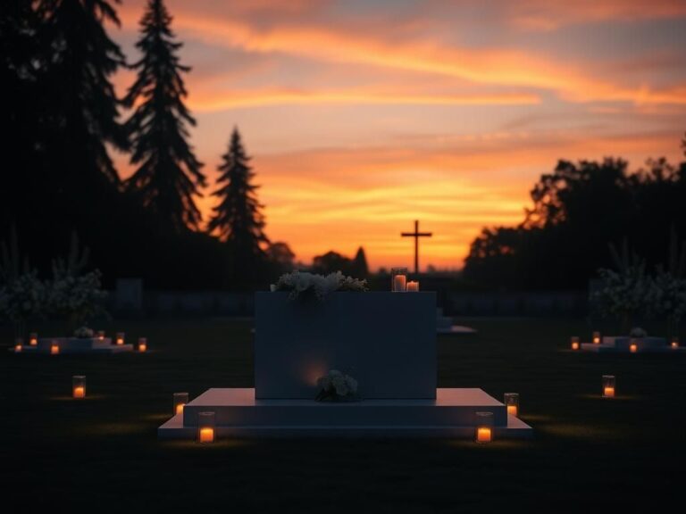 Flick International A serene memorial scene with a podium decorated with flowers and lanterns at dusk