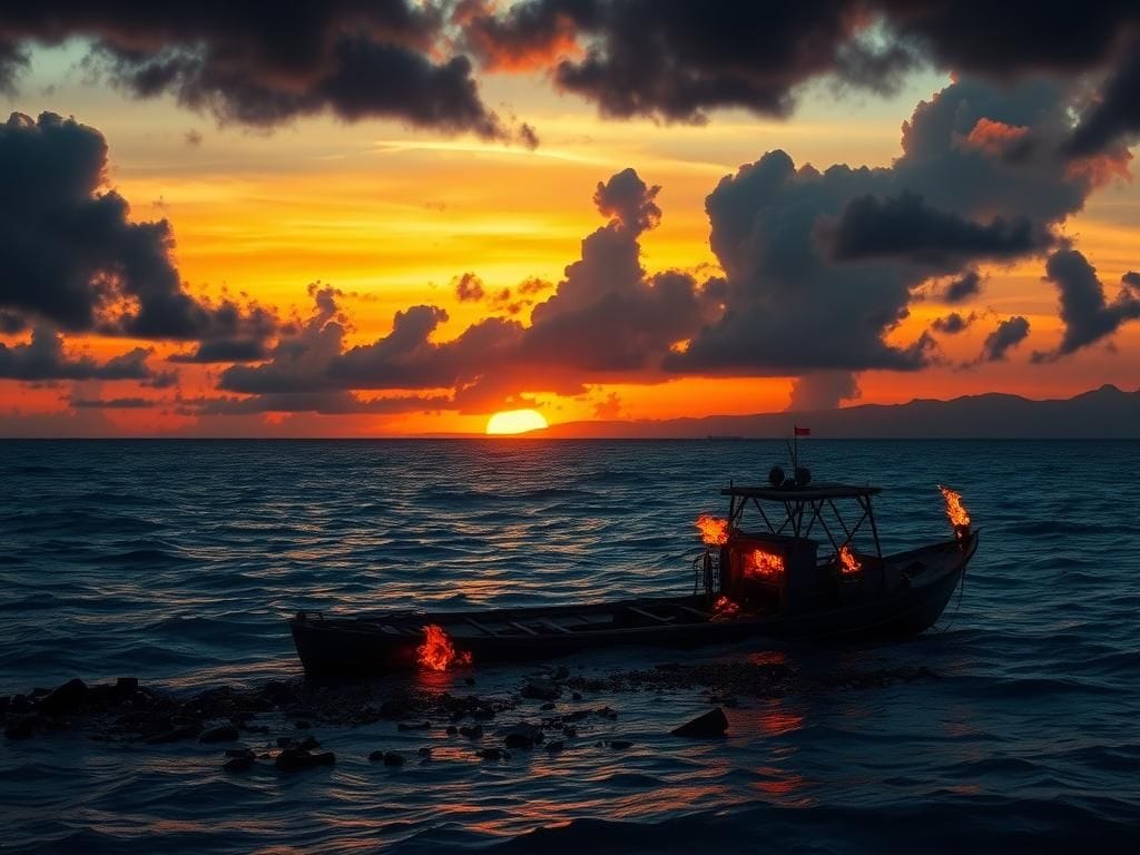 Flick International Remnants of a Venezuelan drug boat partially submerged in the Caribbean Sea with flames flickering on the surface