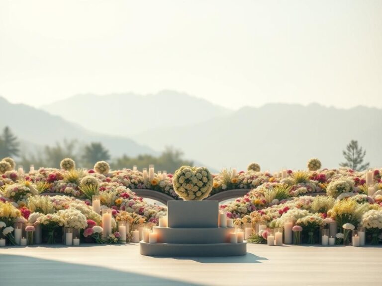 Flick International Somber memorial space filled with flowers and candles in heart shape