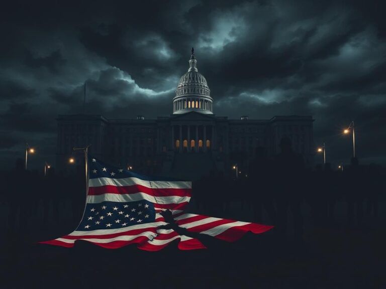 Flick International Dark stormy cityscape at night with government building silhouetted against ominous clouds