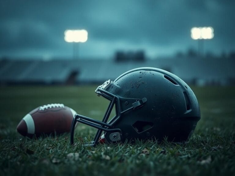 Flick International Close-up of a football helmet on grassy sideline, representing frustration after interception