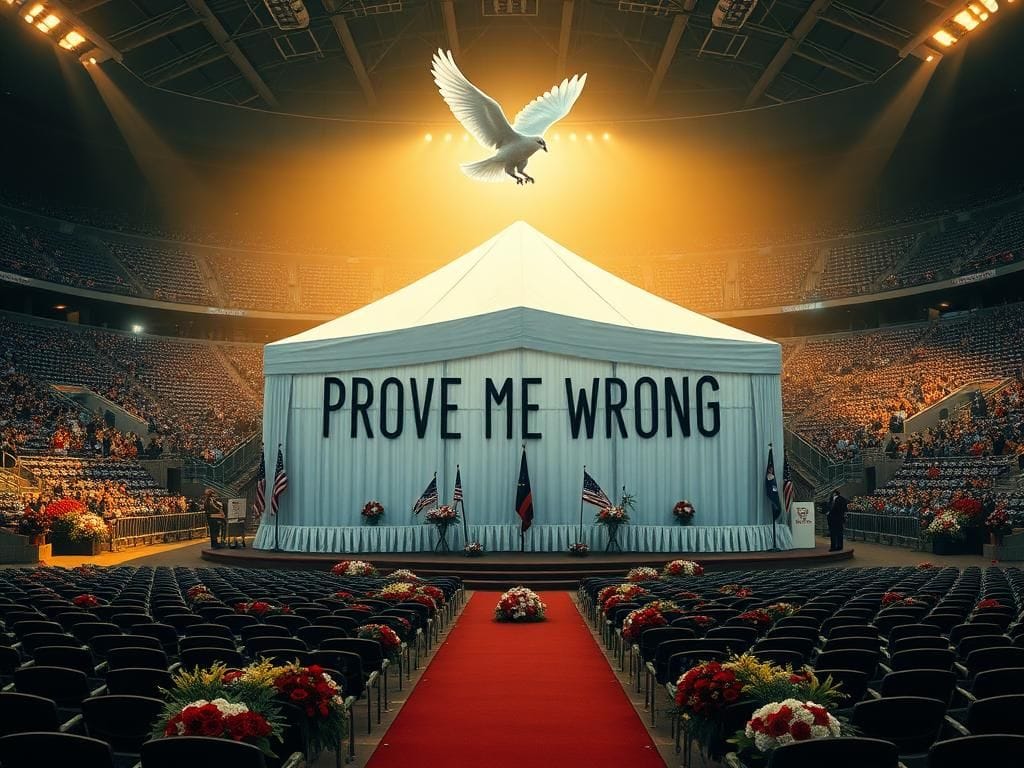 Flick International Grand memorial scene at State Farm Stadium honoring Charlie Kirk with a decorated tent and American flags