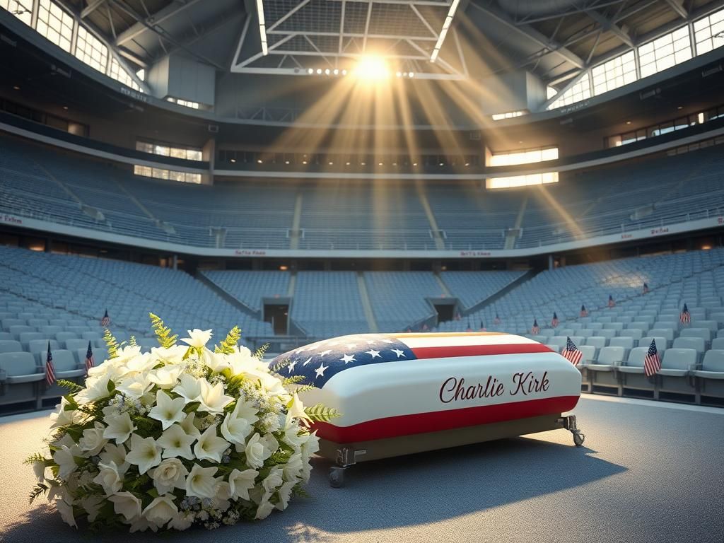 Flick International A serene memorial space at State Farm Stadium featuring a flag-draped casket and floral arrangements
