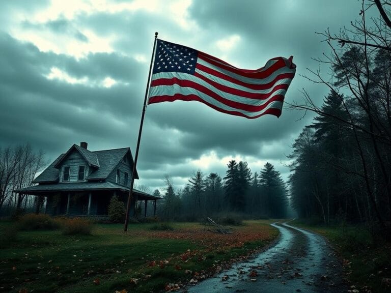 Flick International A striking landscape with an American flag and a weathered house under a gray sky