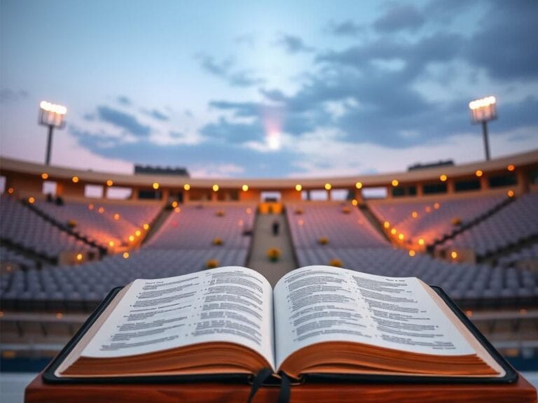 Flick International Open Bible on a podium in a serene stadium setting at dusk
