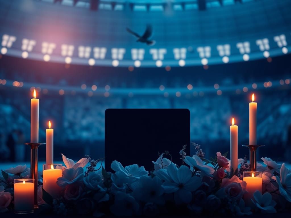 Flick International Memorial scene with candles, flowers, and an empty podium symbolizing loss and mourning.