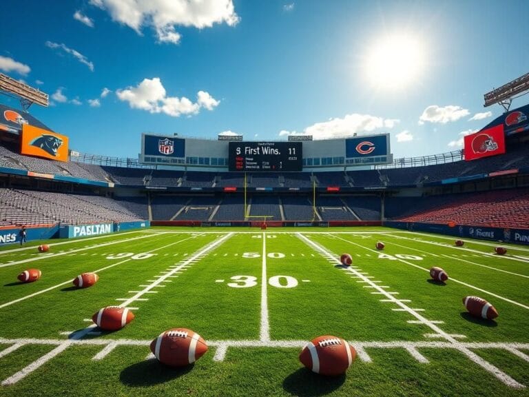 Flick International Vibrant football-themed composition featuring an empty NFL stadium under bright, sunny skies