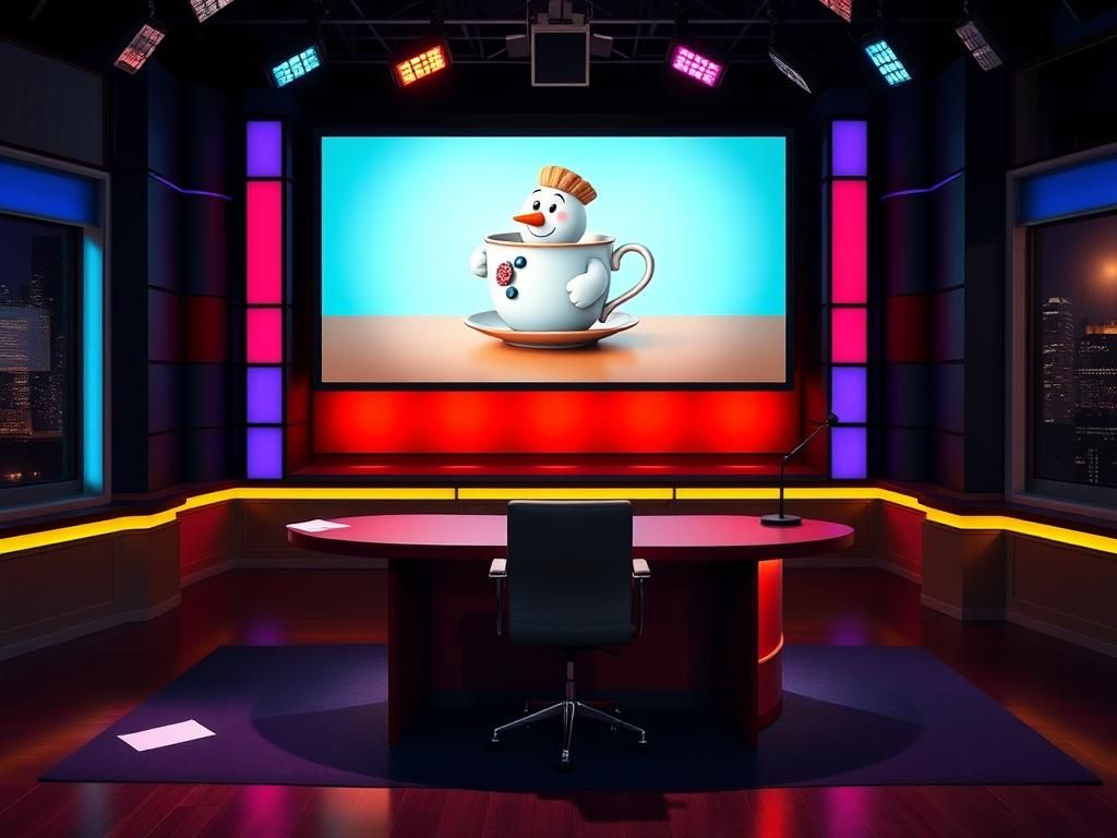 Flick International Dimly lit late-night television studio set with an empty desk, reflecting the absence of Stephen Colbert.