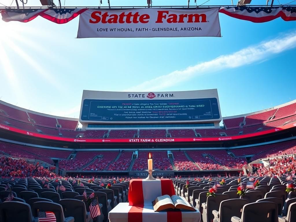 Flick International A packed State Farm Stadium adorned with American flags during Charlie Kirk's memorial service