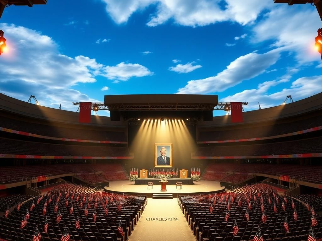 Flick International A memorial display honoring Charlie Kirk with flowers and his portrait in a vast arena