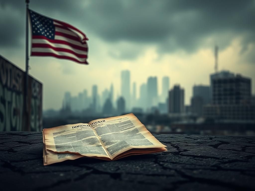 Flick International A worn American flag fluttering atop a graffiti-covered wall representing immigrant struggles