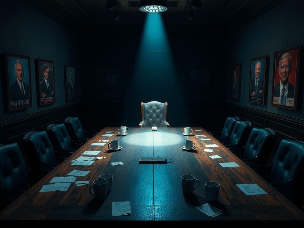 Flick International Dimly lit political meeting room reflecting power struggle dynamics