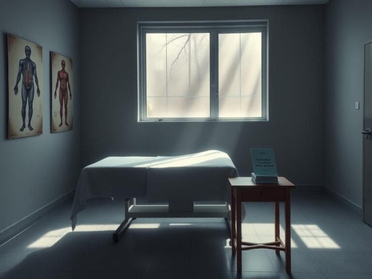 Flick International A dimly lit medical clinic room with an examination table and informational pamphlets about gender identity.