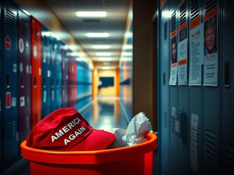 Flick International A discarded red 'Make America Great Again' hat in a school trash can representing political tensions.