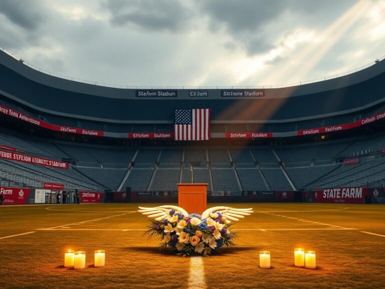 Flick International A large memorial service setup in State Farm Stadium, featuring an eagle-shaped floral arrangement and an American flag.