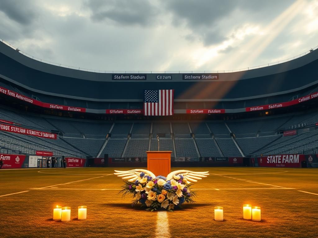 Flick International A large memorial service setup in State Farm Stadium, featuring an eagle-shaped floral arrangement and an American flag.