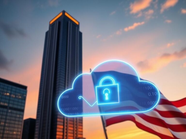 Flick International A digitally rendered image of a skyscraper at sunset with a secure cloud icon and American flag motifs symbolizing corporate strength and data protection.