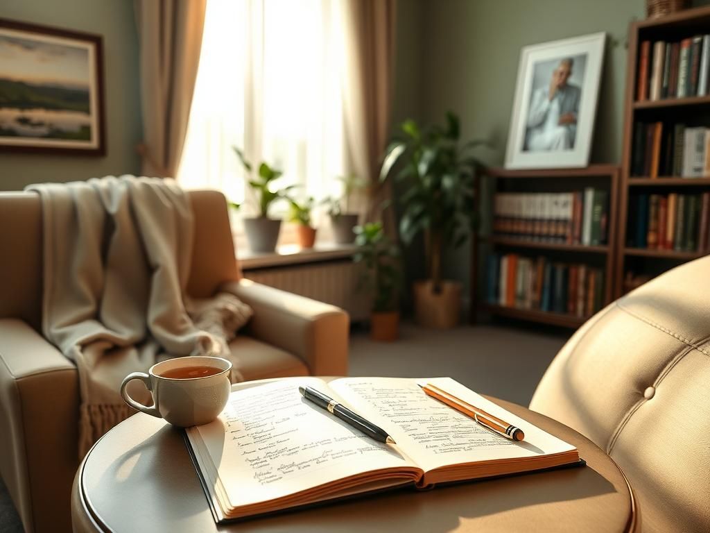 Flick International Serene living room setting with armchair, blanket, and journal symbolizing caregiver support