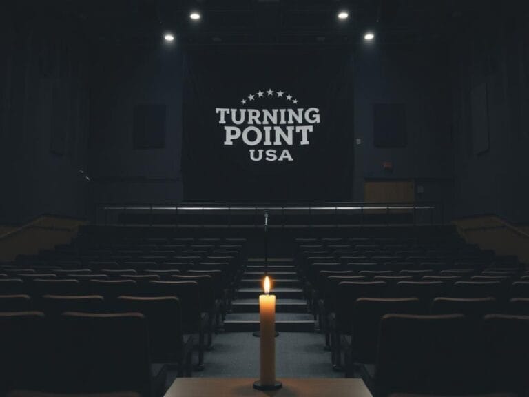 Flick International A dimly lit university lecture hall with unoccupied chairs and a microphone, symbolizing loss and reflection after Charlie Kirk's death.