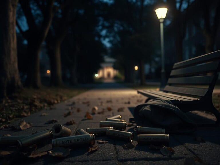 Flick International Dimly lit university campus pathway at dusk with bullet casings and an abandoned backpack, symbolizing violence and unease.