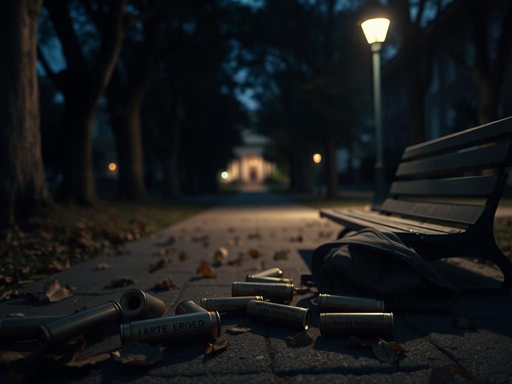 Flick International Dimly lit university campus pathway at dusk with bullet casings and an abandoned backpack, symbolizing violence and unease.