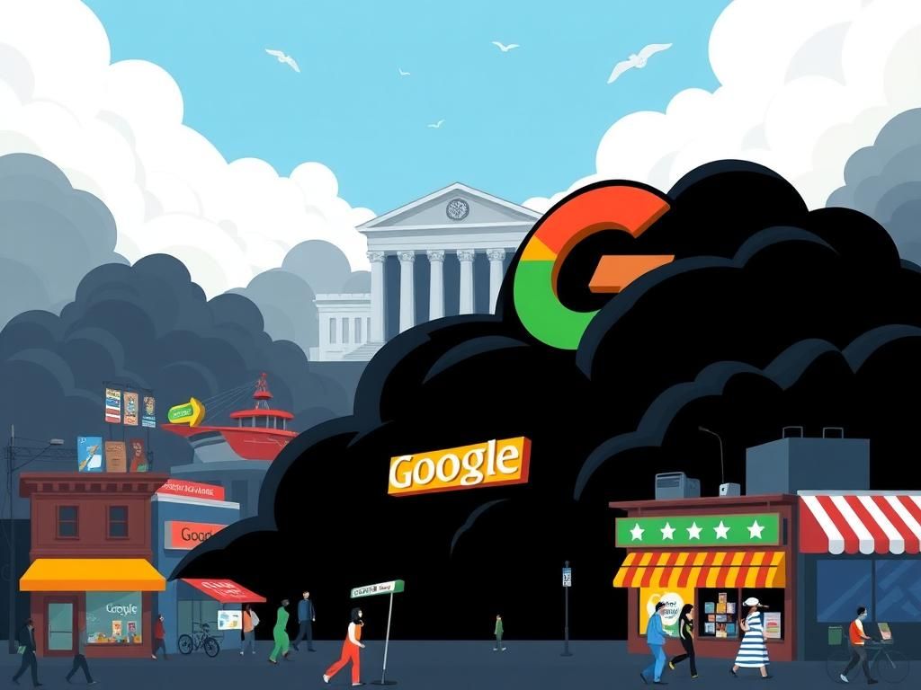 Flick International Illustration depicting the tension between Google's monopolistic control and small businesses in a vibrant marketplace.