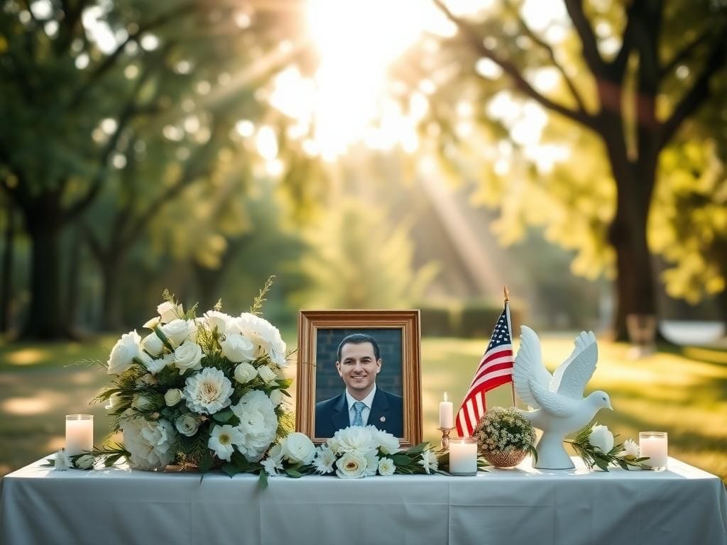 Flick International Serene memorial scene with a framed photo and white flowers