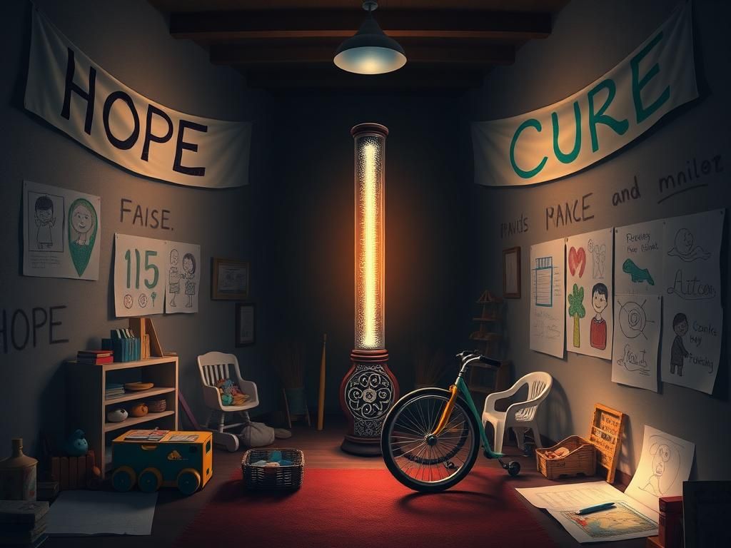 Flick International A dimly lit room filled with hope, featuring a brightly illuminated funding thermometer and children's toys.